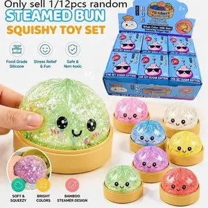 Sparkling Water Droplet Dumpling Squishy Toy with Cute Face & Steamer Basket, Soft TPR Stress Relief Squeeze Toy