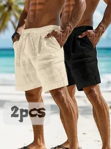 2pcs Men's Plain Linen Shorts, Casual Comfortable, with Pockets, Drawstring Waist, Ideal for Summer Tropical Beach and Leisure Wear