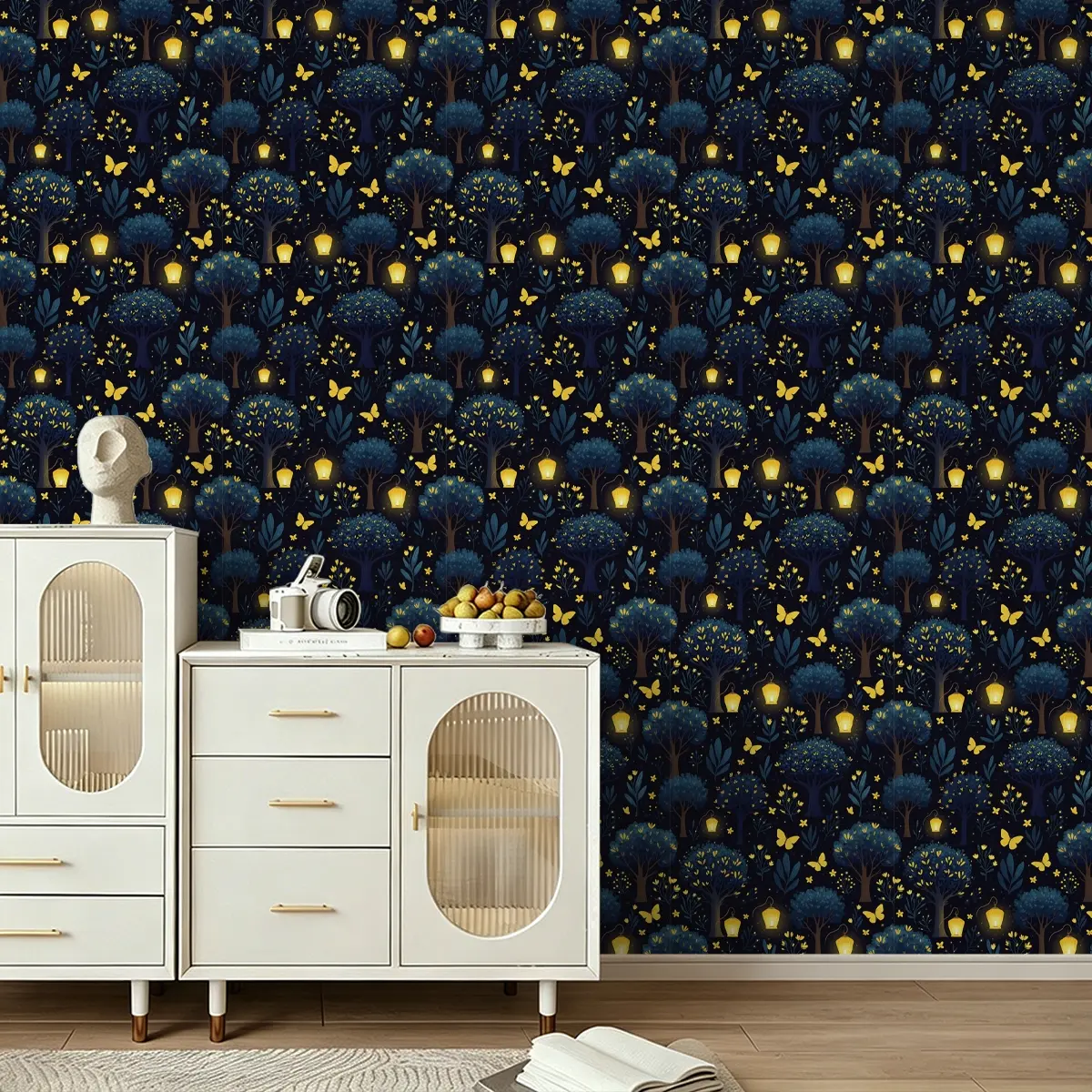 1 Roll Peel & Stick PVC Wallpaper, Night Forest and Lantern Print, Peel & stick removable wall decal, fine clear print covers wall cracks, decor sticker for dining room, bar and all indoor furniture