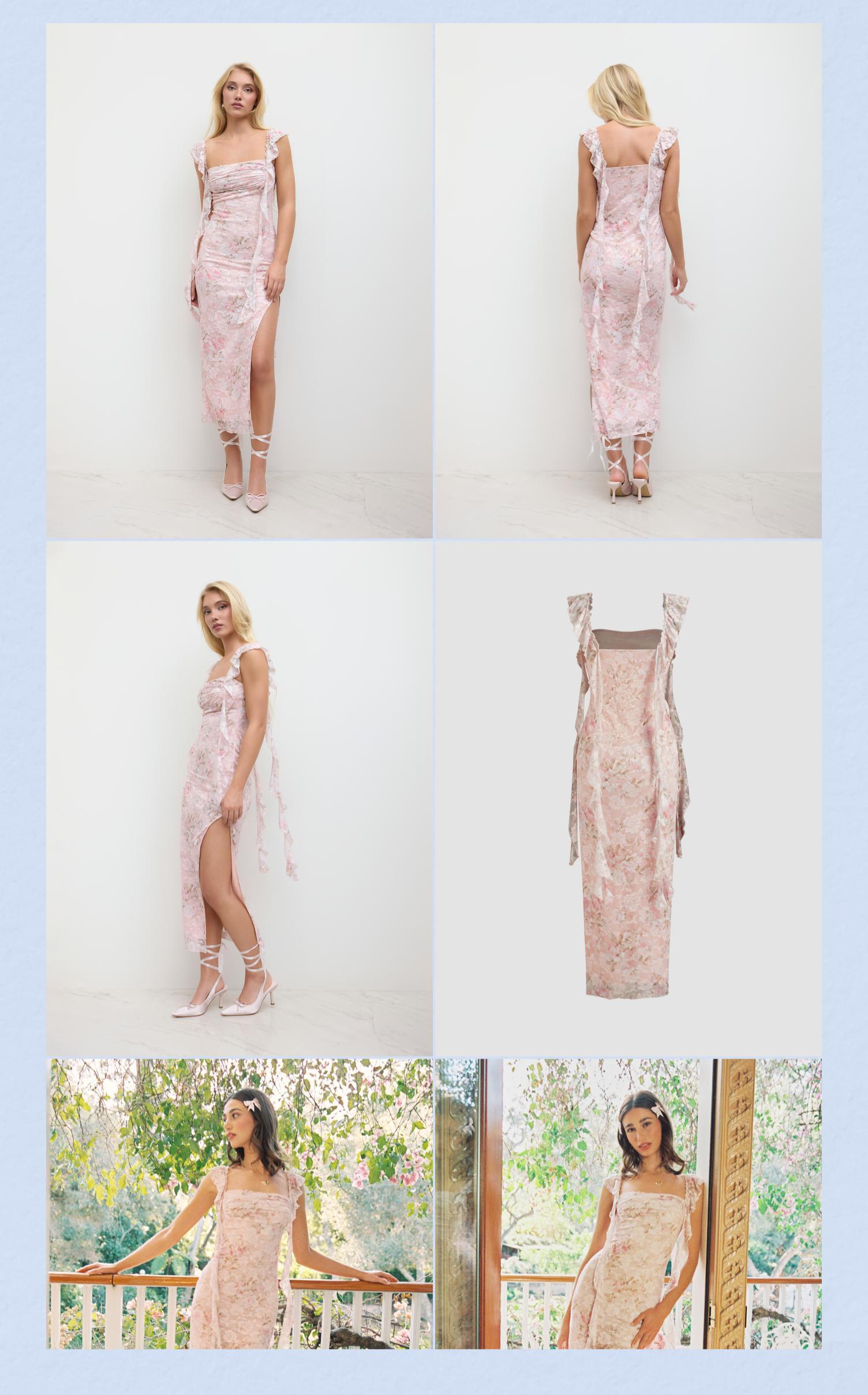 Cider [2 colors, size 0-26] Lace Floral Ruffle Hem Split Maxi Dress