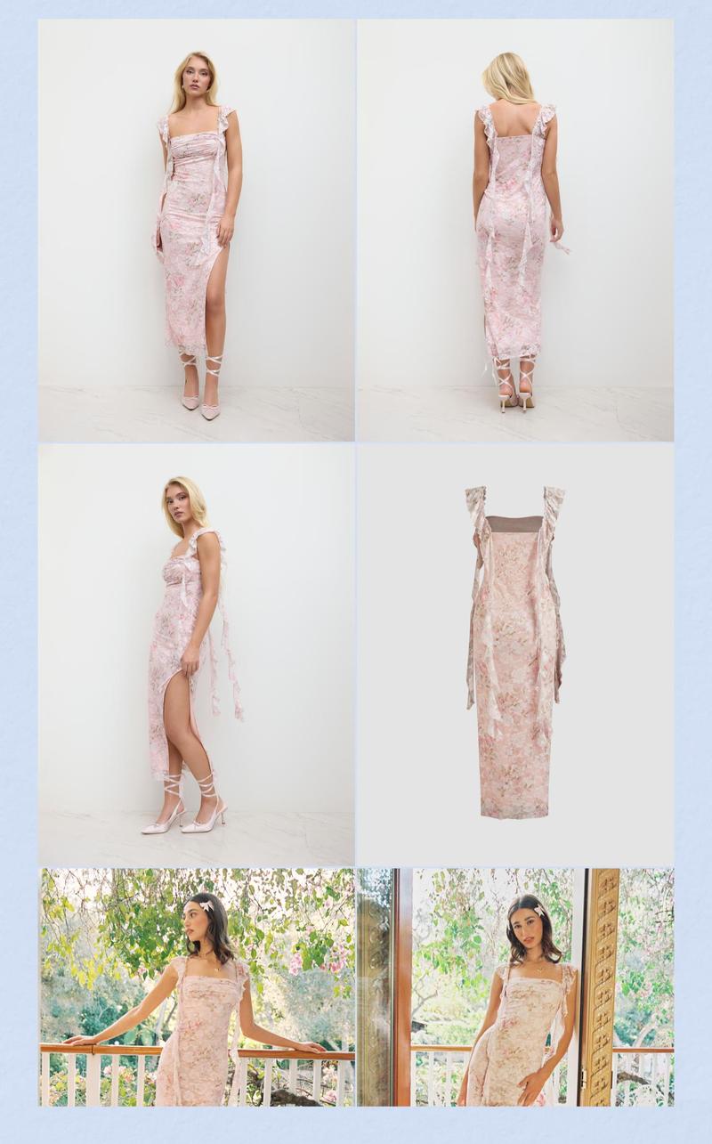 Cider [2 colors, size 0-26] Lace Floral Ruffle Hem Split Maxi Dress