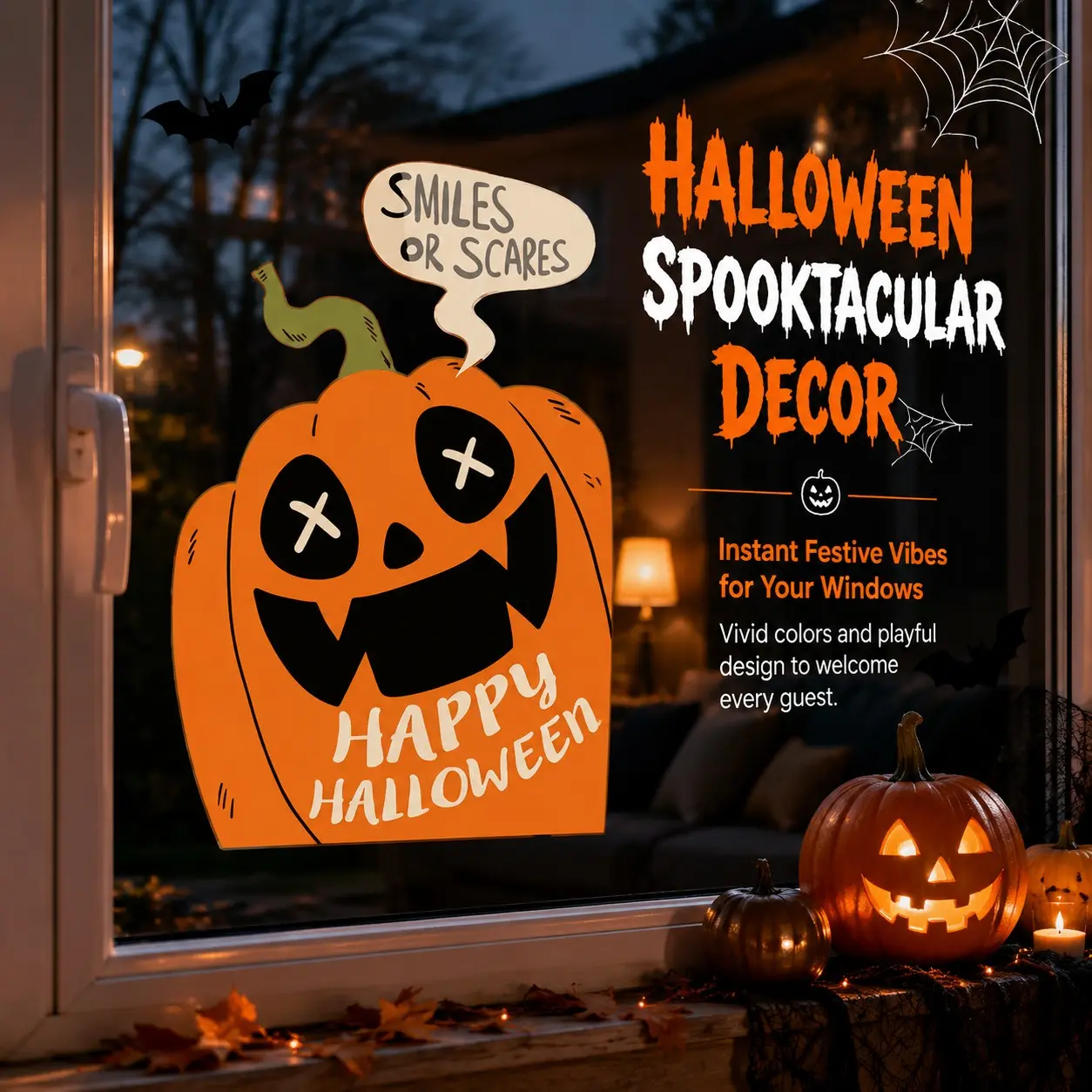 Cartoon Pumpkin Halloween Window Sticker, Fun Smiley Face Design, Perfect for Mall or Home Holiday Decor, Festive Seasonal Decoration