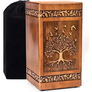 Wooden Cremation Urn for Human Ashes Adult Male Female 250 lbs, Engraved Tree of Life Decorative Funeral Urn Box Casket with Satin Bag for Burial or Memorial