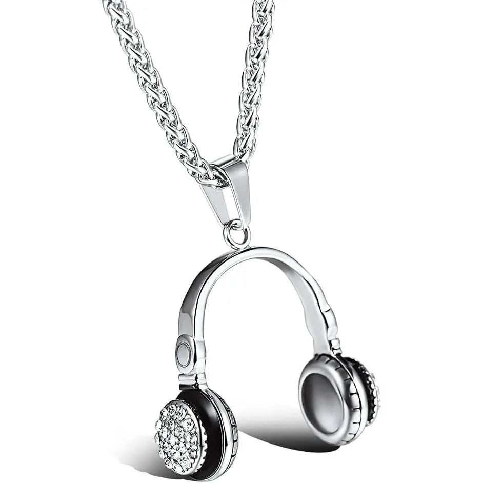 Hop Punk  Necklace, Guitar Pick/Guitar/Microphone/Headphone Pendant with Chain for Men & Women, Stainless Steel R&B  , //Black, Customizable