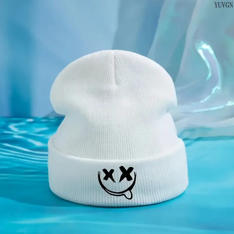 X‑Eye Tongue Smiley Face Knit Beanie, Trendy Street‑style Cuffed Skullcap, Soft Warm Casual Knitted Winter Headwear For Daily Outfits