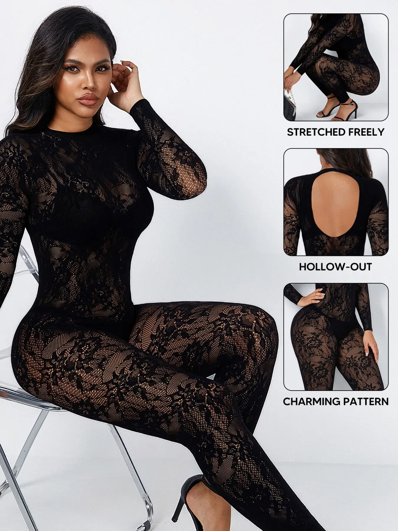 Women's Sexy Lace Long Sleeve Overalls Jumpsuit, Backless Design, Breathable Fabric, Casual Summer, Solid Pattern, Comfortable and Stylish, Elegance