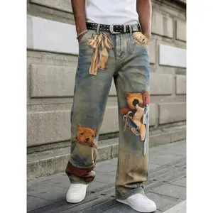 Men's High Cotton Teddy Bear Print Distressed Baggy Jeans, Vintage Washed Streetwear Denim Pants, Y2K Grunge Loose Fit Wide Leg Jeans with Cartoon Print
