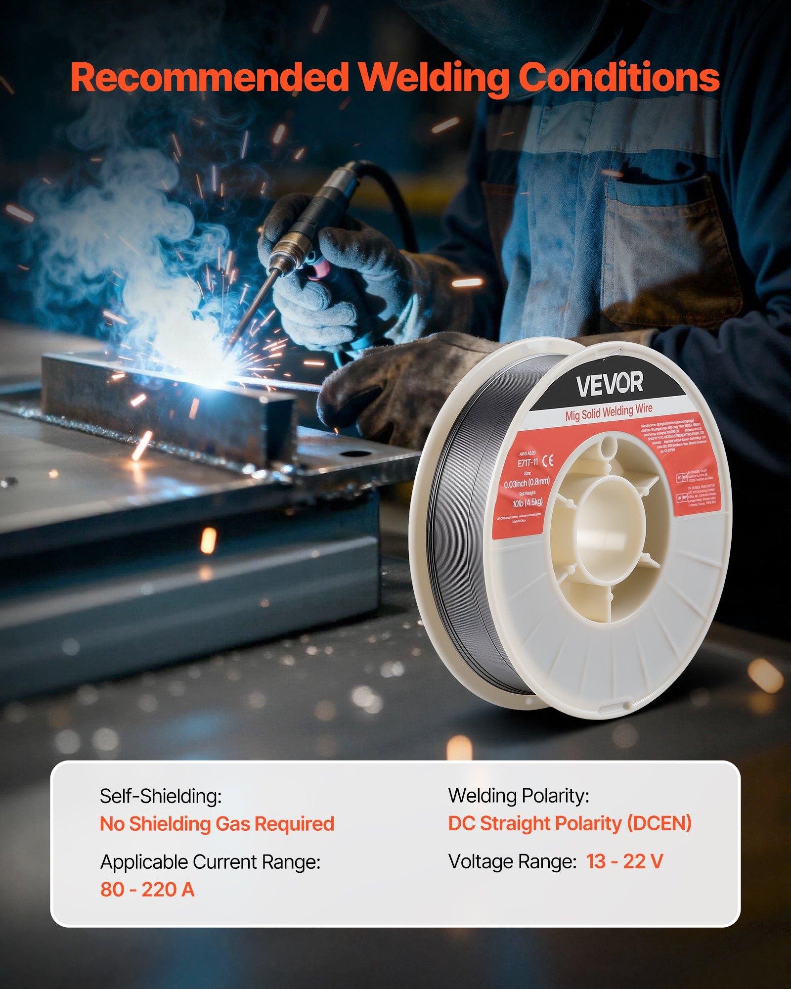 VEVOR Flux Core MIG Welding Wire, E71T-11 0.03-inch 10 LBS, Gasless Mild Steel Welding Wire with Low Spatter for All Position Arc Welding, Self-Shielded for Outdoor Use