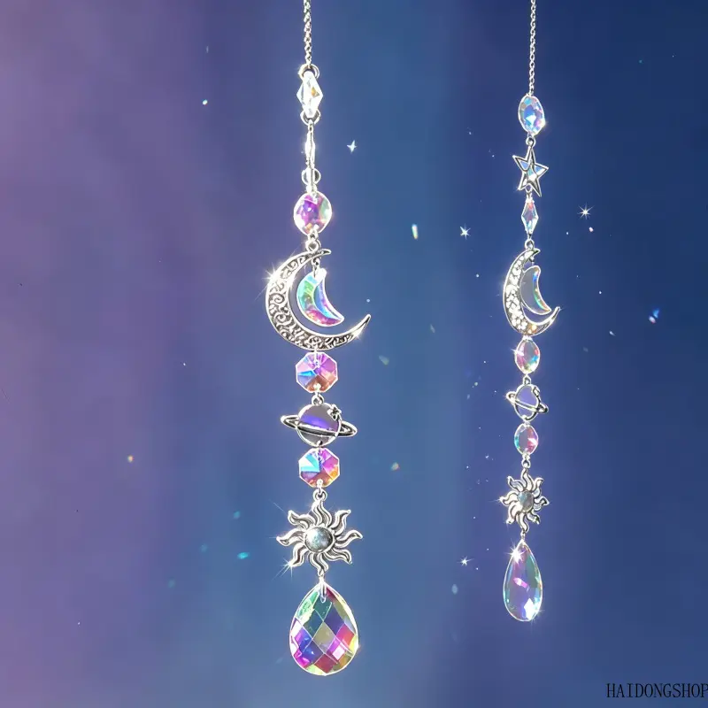 Boho Viral Cottagecore Spiritual Celestial Sun Moon Star Planet Crystal Wind Chime Light Catcher For Home, Rainbow Prism Hanging Decor, Whimsical Accessory For Window Balcony Patio Garden Courtyard Styling Movable Finger Steampunk Robot Charm