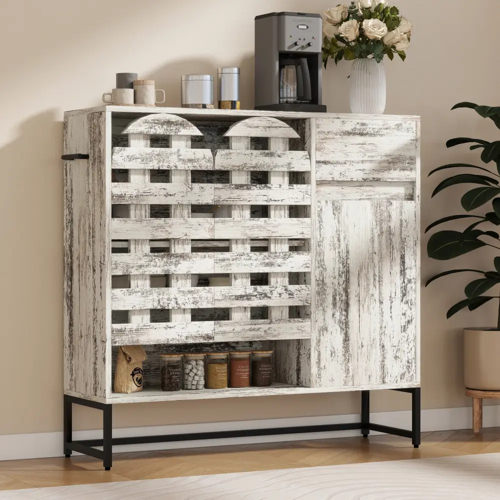 44.3" Farmhouse Sideboard Cabinet with Storage, Rustic Coffee Bar Cabinet Console Table with Arched Lattice Doors & Drawer, Freestanding Buffet Storage Cabinet for Living Room, Kitchen, Dining Room, Entryway, Retro White Accent Cabinet Furniture