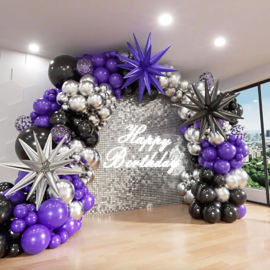 and Balloon Arch Kit, 132 Pieces Explosion Star Metal Silver Confetti Balloons, Halloween Graduation Party Decor