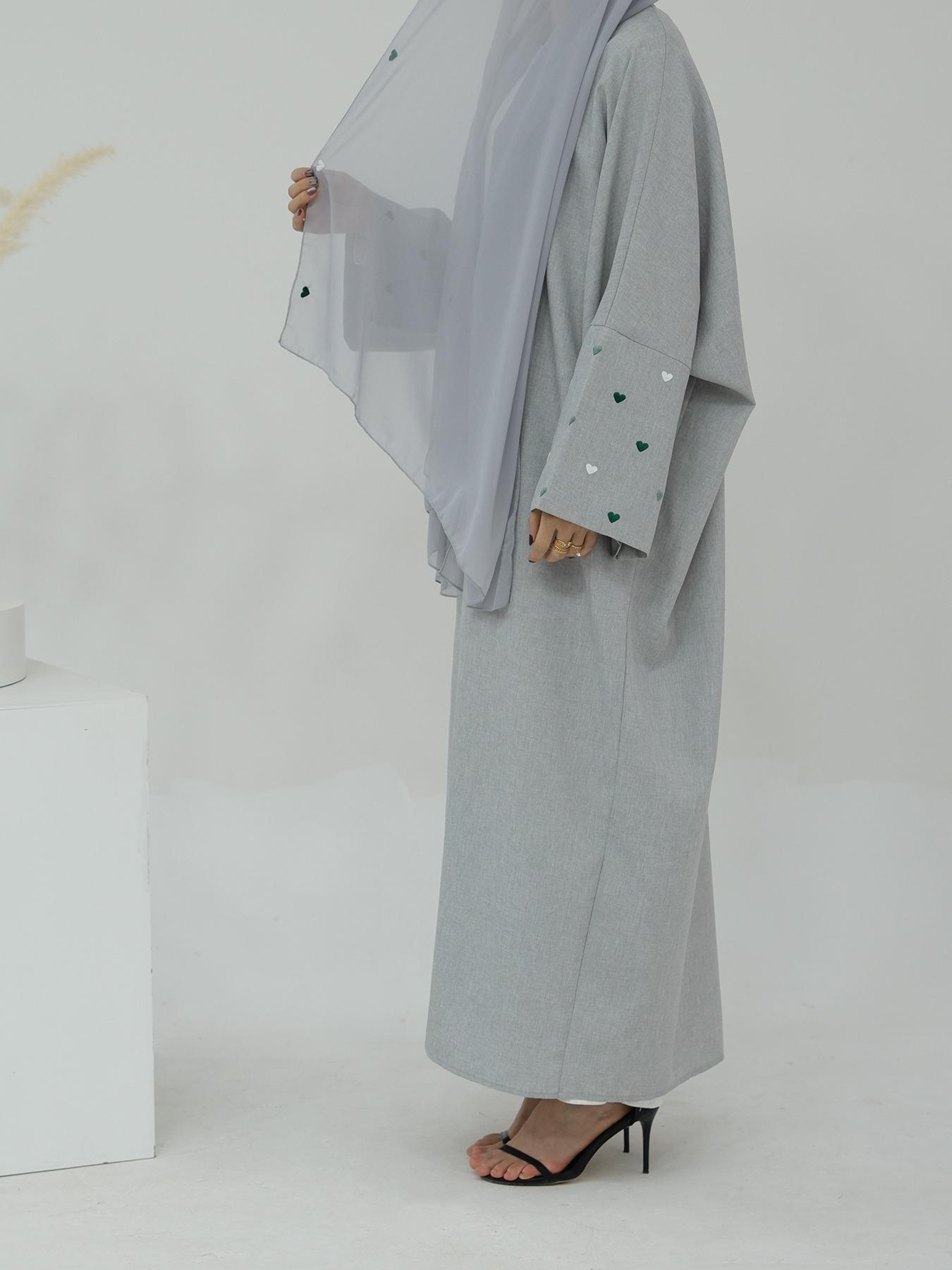 Women's Heart Embroidery Long Sleeve Open Abaya, Modest Casual Outerwear for Daily Wear, Ladies Islamic Clothing for All Seasons