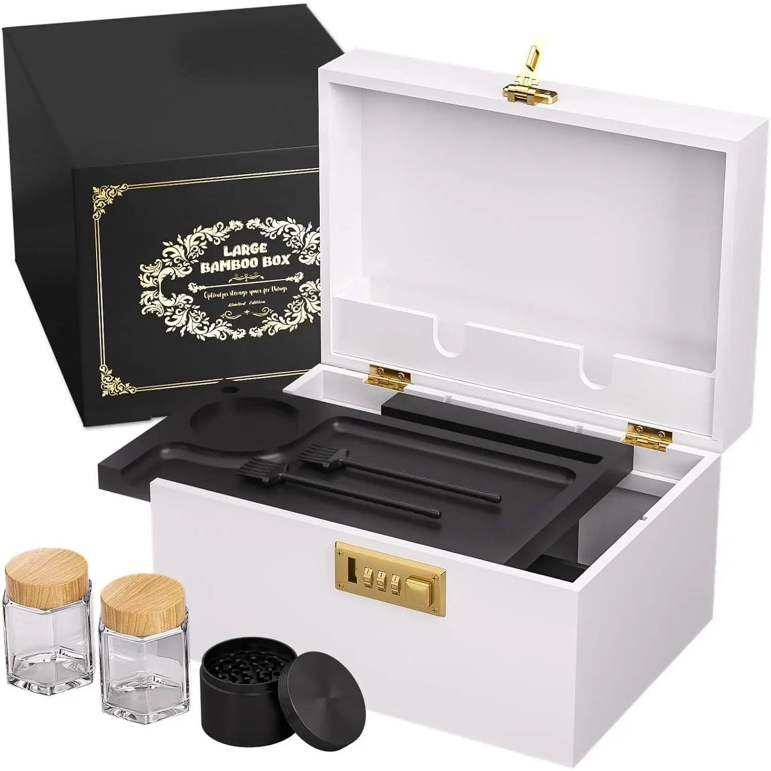 Medium White and Black Bamboo Storage Box with Combination Lock