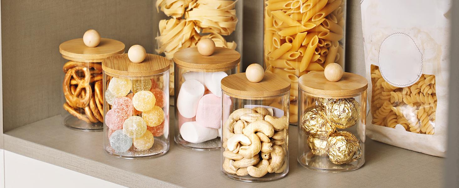 4 Pack Qtip Holder Dispenser with Bamboo Lids - 10 oz Clear Plastic Apothecary Jar Containers for Vanity Makeup Organizer Storage - Bathroom Accessories Set for Cotton Swab, Ball, Pads, Floss