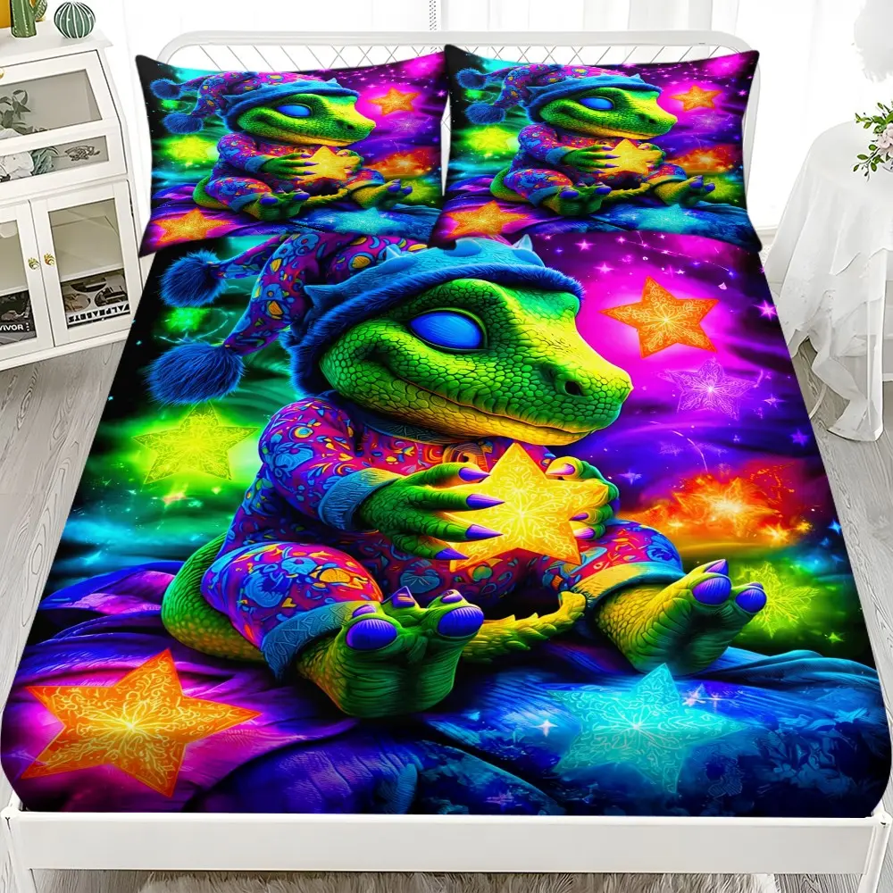 3-Piece Dinosaur Bed Sheet Set for Bedroom Decor, Includes Bed Skirt and Pillowcase, Fits Single/dual Beds, 2D Print