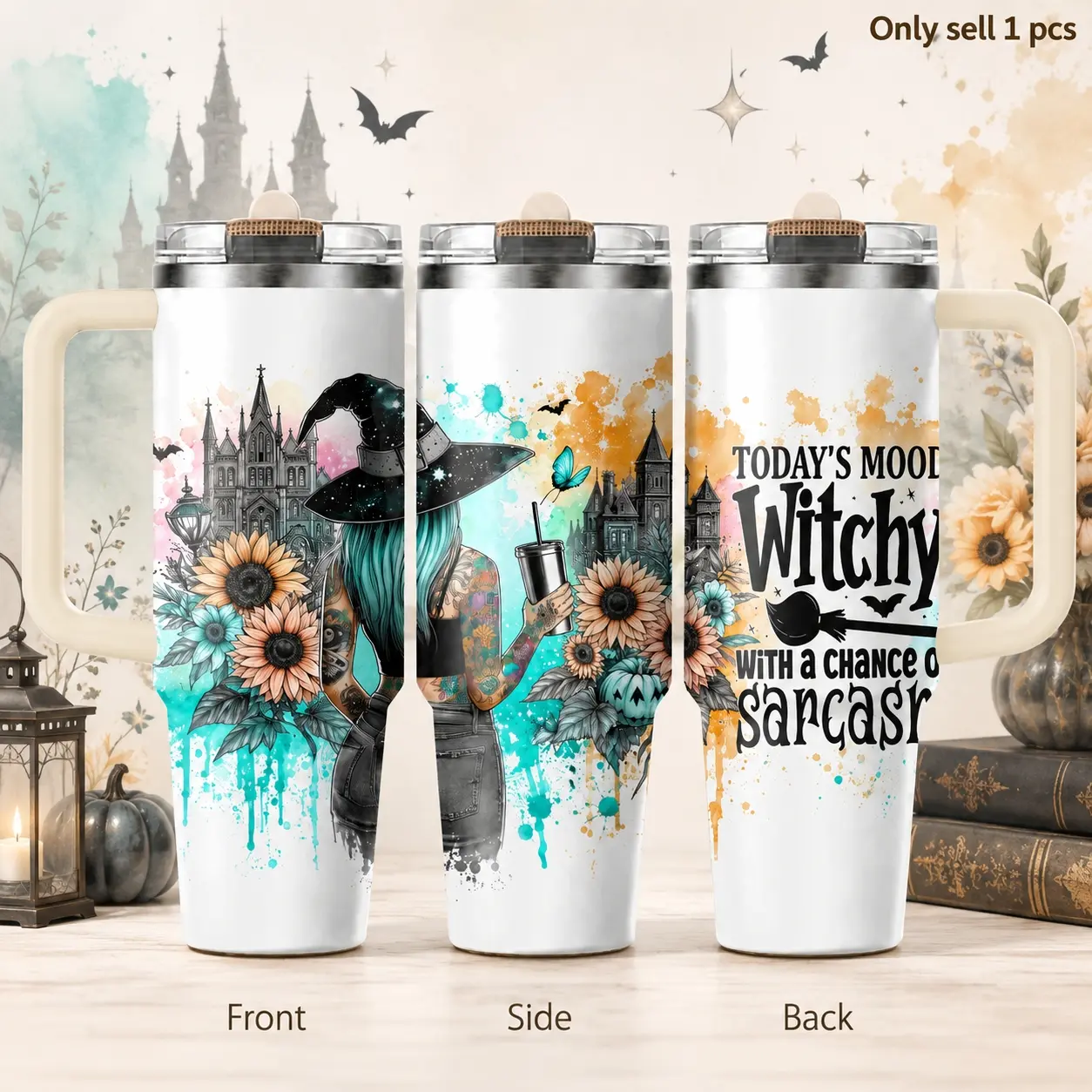 Funny Witch Halloween 40oz Tumbler – Cute Witchy Stainless Steel Insulated Travel Mug with Handle & Straw Lid for Coffee, Water, Halloween Parties, Office, Car, Spooky Season Gift
