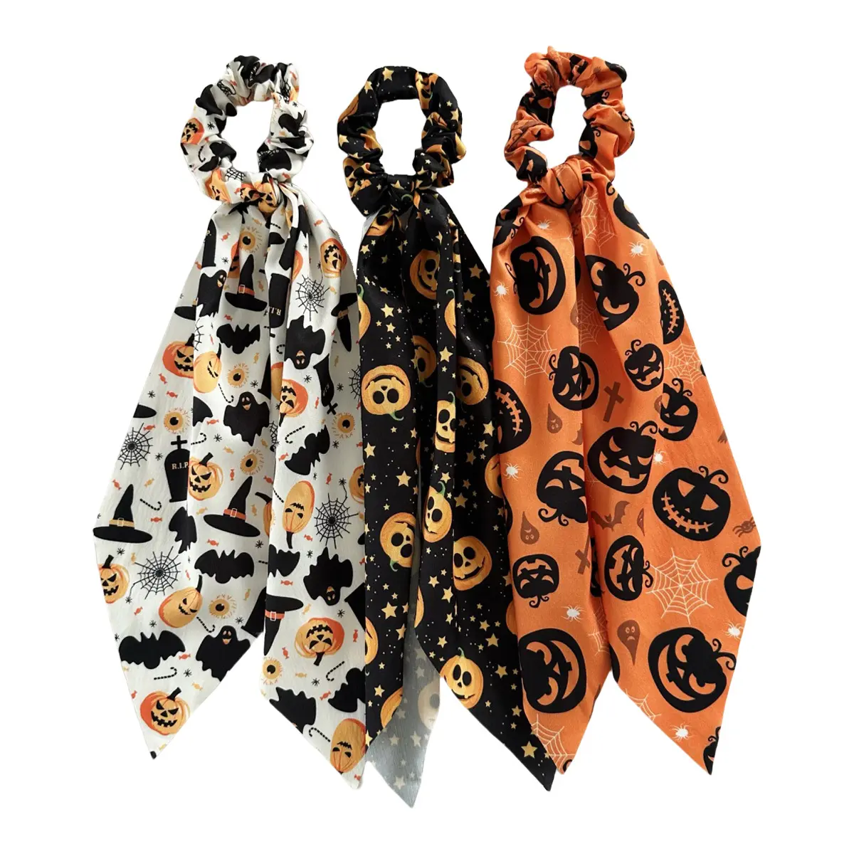 2026 New Halloween Satin Scrunchies Pumpkin Print With Long Ribbon Streamer Women Hair Ties Elastic Ponytail Holder Holiday Party Hair Accessories
