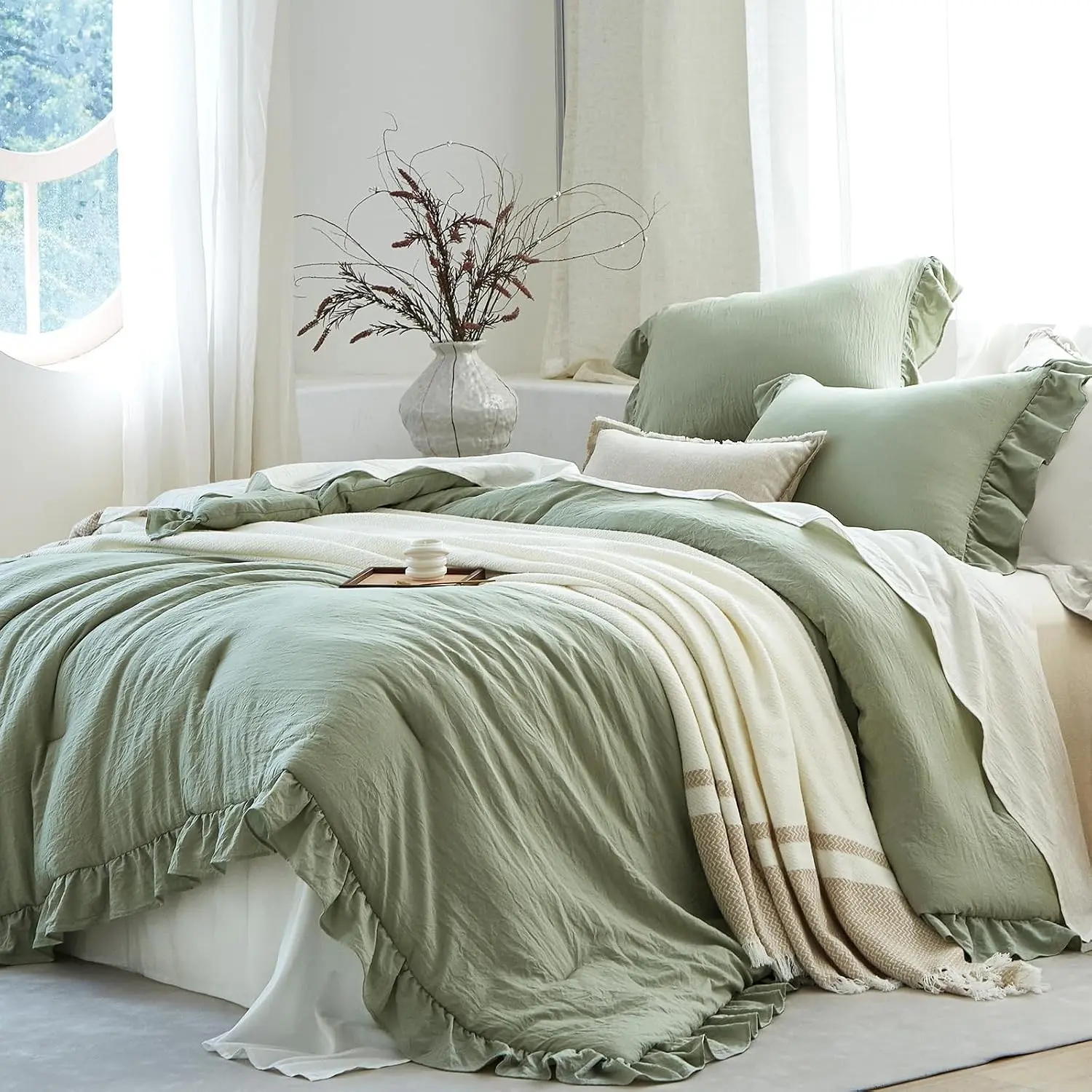 Sage Green Ruffle Comforter Set Queen, Pre-Washed Shabby Chic Bedding Set, Lightweight Cottagecore Soft Romantic Cozy 1 Comforter & 2 Shams, All-Season