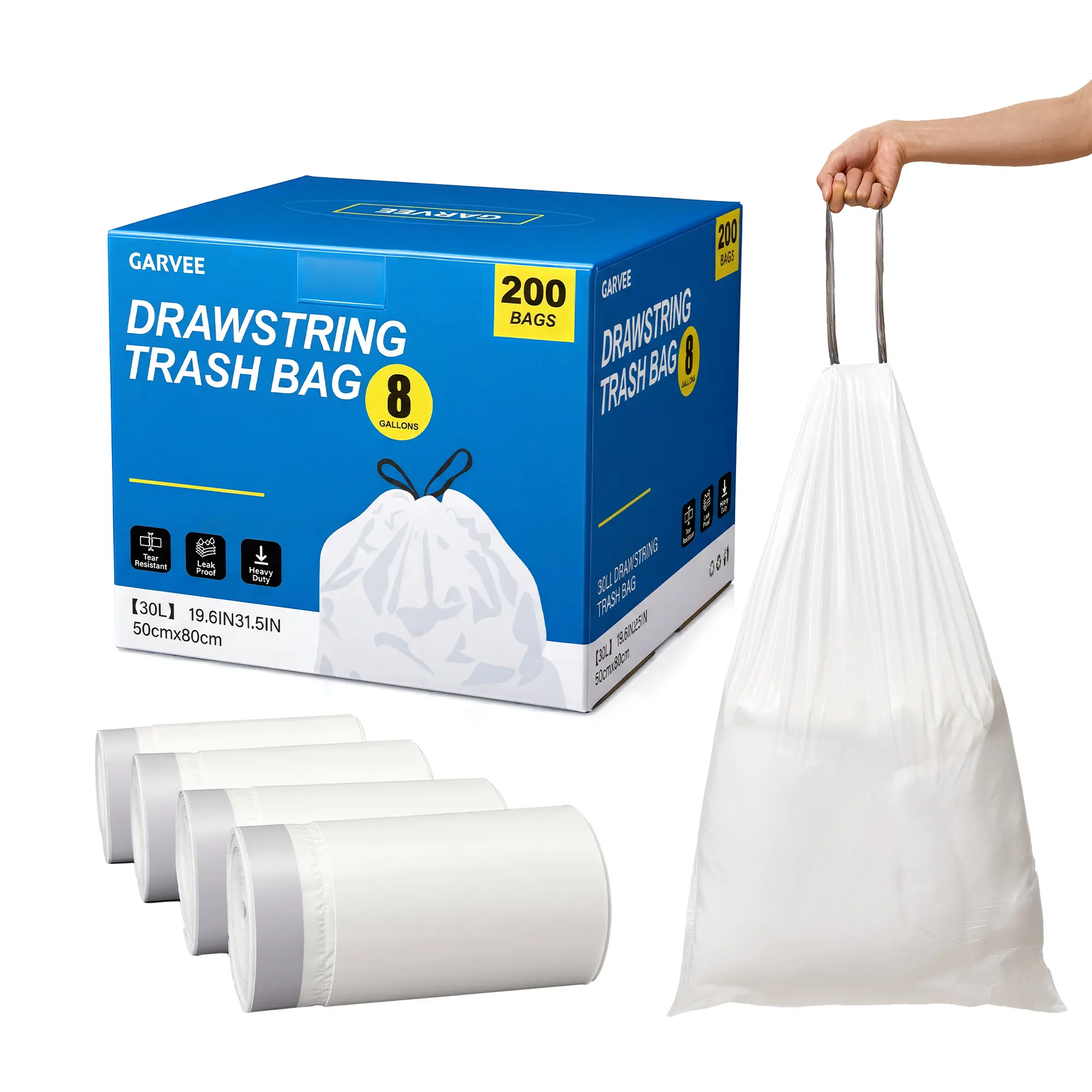 Trash Bags 30L (8 Gallon) with Drawstring, Heavy Duty Garbage Bags HDPE Puncture Resistant Leak Proof, 50 Count 1 Roll, 50x80 cm (19.7” x 31.5”) Kitchen Trash Bags for Home Office