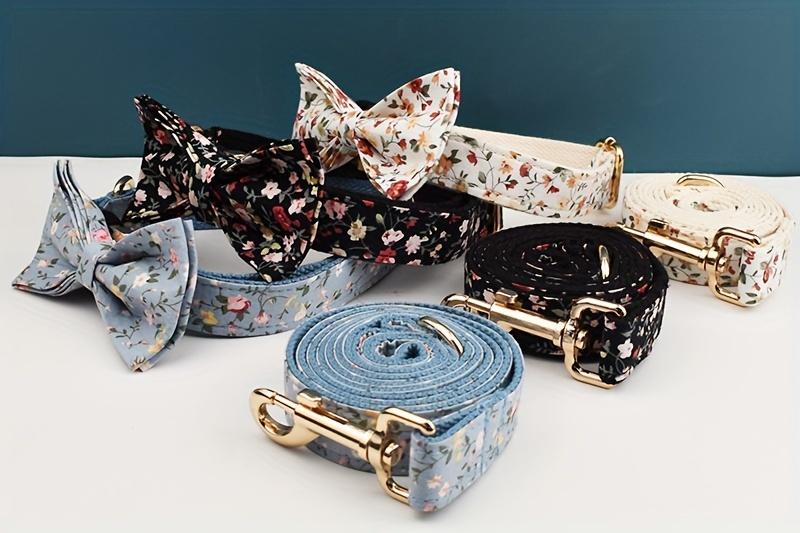 Custom Floral Bow Pet Collar Lead Rope Adjustable Safety And Quick Release Buckle Breathable Polyester Pet Collar Comfort Safety Dog Collar