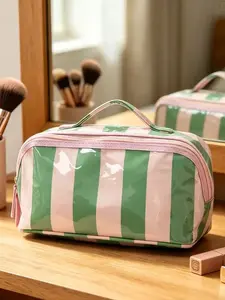 Women's Striped PVC Makeup Bag - Large Capacity Waterproof Cosmetic Organizer with Top Single Handle, Zip-Top Structured Pouch for Makeup Products, Portable Travel Toiletry Essential, Structured Make-Up Bags