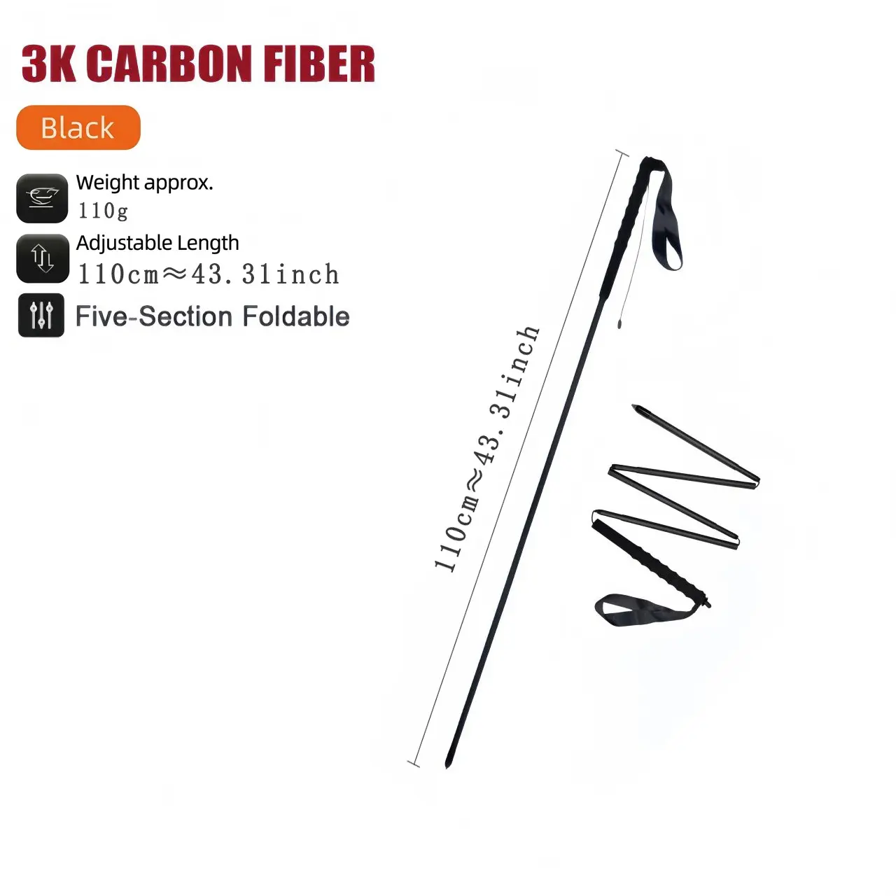 1-piece T800 carbon fiber ultra-light trekking pole 110cm/43.31inch lightweight hiking pole portable professional trail running pole foldable portable mountain climbing pole EVA handle suitable for outdoor hiking mountaineering trail walking climbing comp