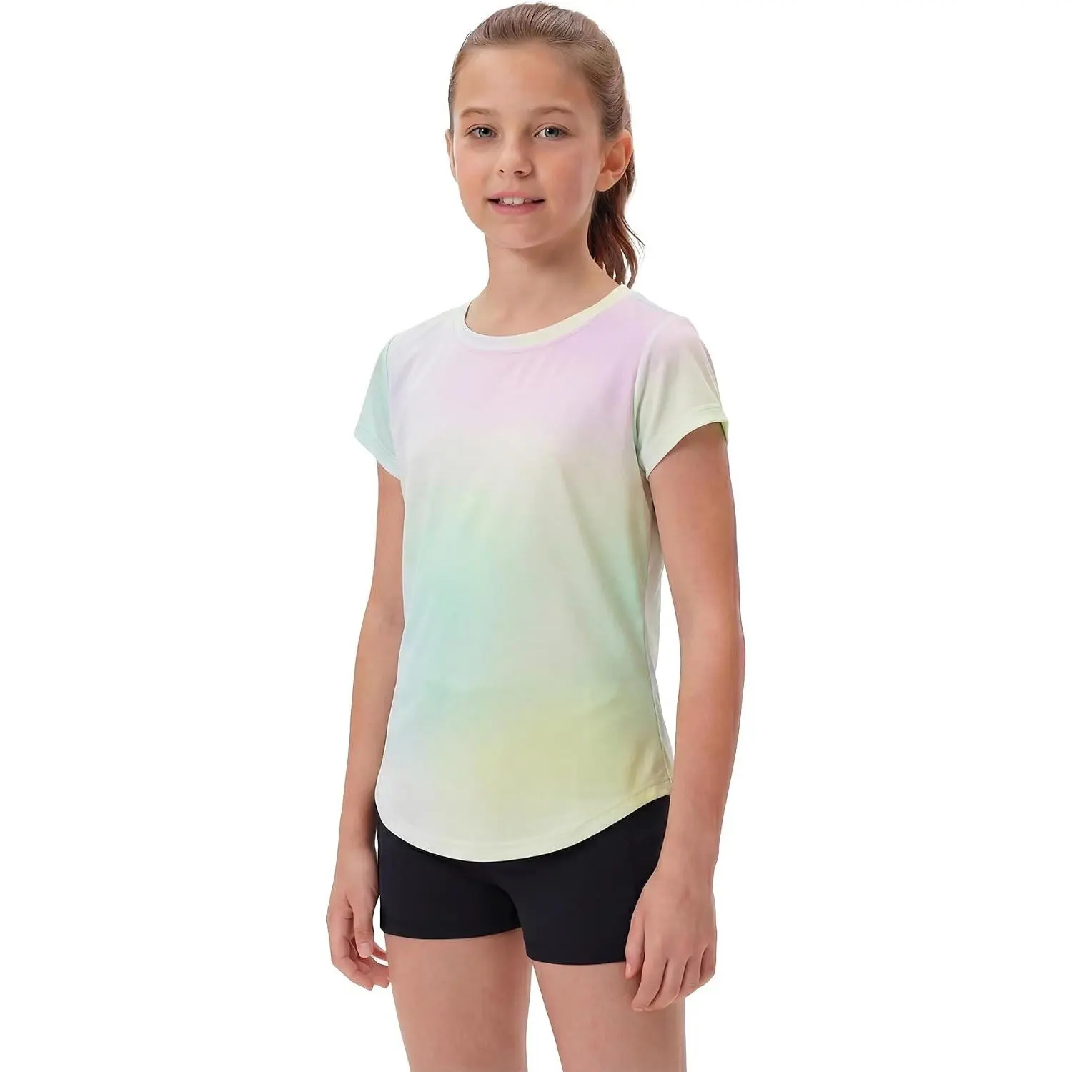 Girls Short Sleeve Athletic Running Shirts Dry Fit Tops for Kids Teens | Ombre Moisture-Wicking Quick Dry Breathable Lightweight Soccer Training Sports Crewneck Active Summer Tee(Gift)