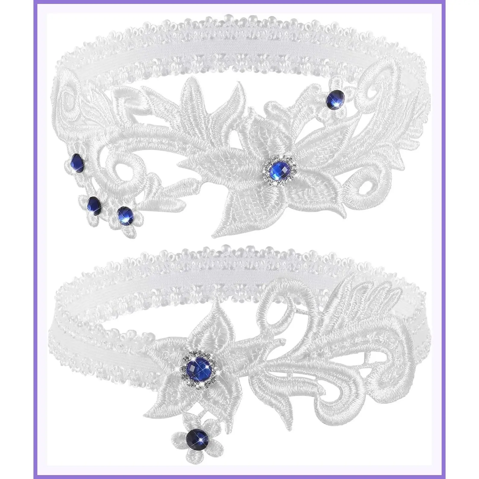 2 Pcs White Floral Lace Wedding Garters Set with Blue Rhinestone Elastic Leg Garters Bridal Accessories for Women and Girls