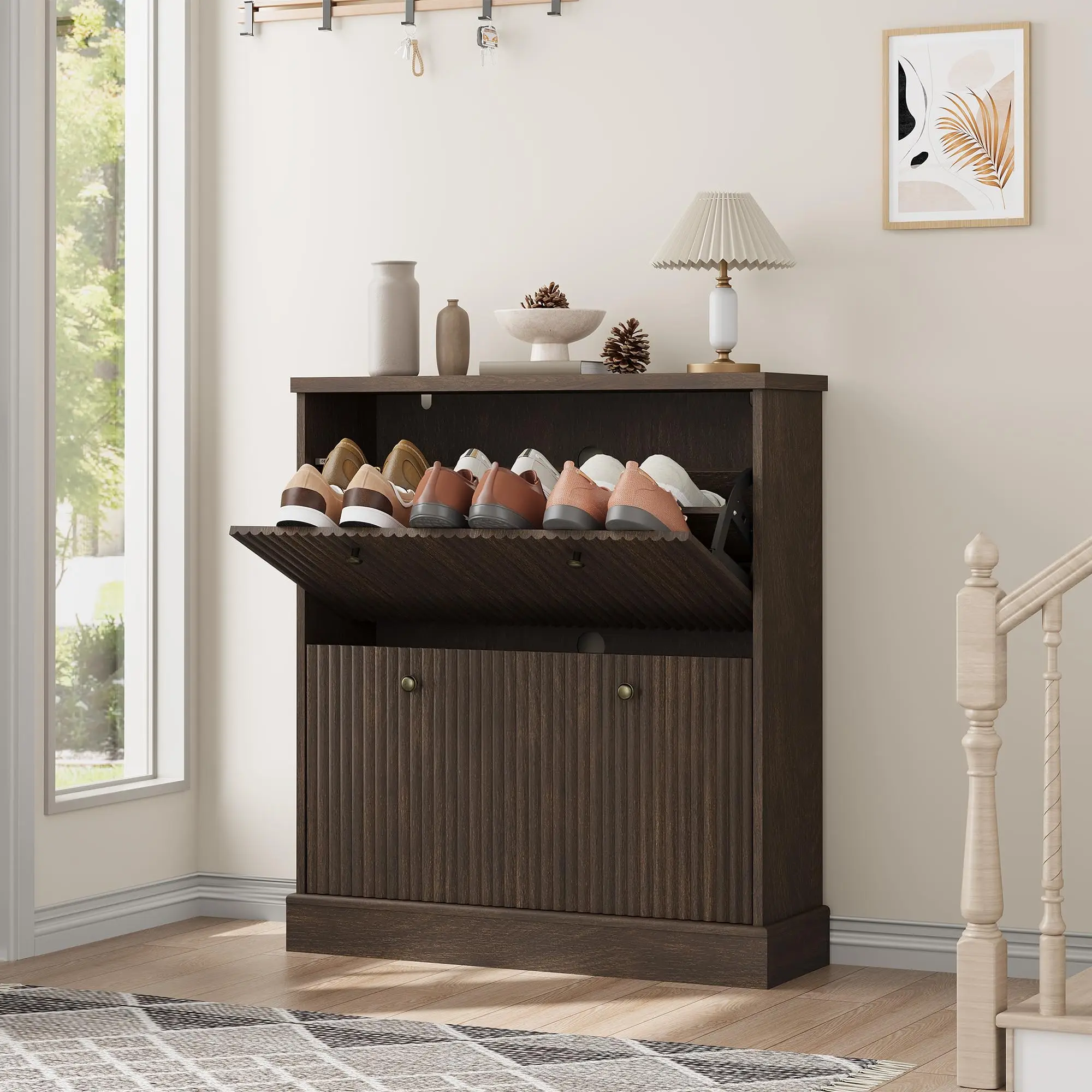 Minimalist Wooden Freestanding Shoe Cabinet with 2 Flip Drawers, Adjustable Shelves, Narrow Wave Design, Shoe Storage Racks for Entryway, Living Room, Natural Oak/Black/Walnut