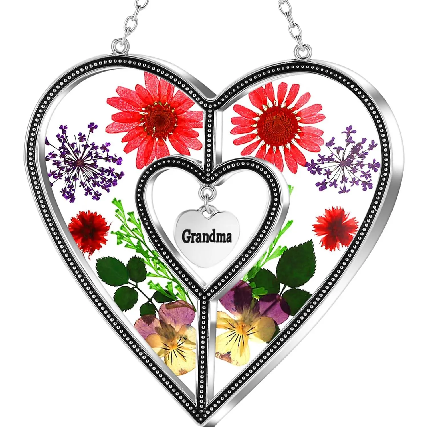 Grandma  Heart Suncatcher Pressed Flower Glass Window  | Grandma  Sun Catchers Ornamant,Metal & Preserved  and Glass, Day Gifts for Grandma Birthday Christmas