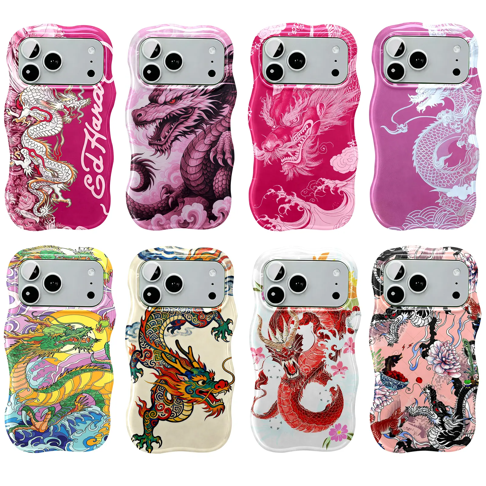 Classic Ed Hardy Tattoo White Dragon Pink Rose Print Phone Case ,Cute Wavy Curved Edge Glossy Protective Shockproof Rugged Cover, Dual Layer Soft TPU Bumper Hard Shell Design for iPhone 11 12 13 14 15 16 17 Pro Max Air, Y2K McBling Vintage Tattoo Art