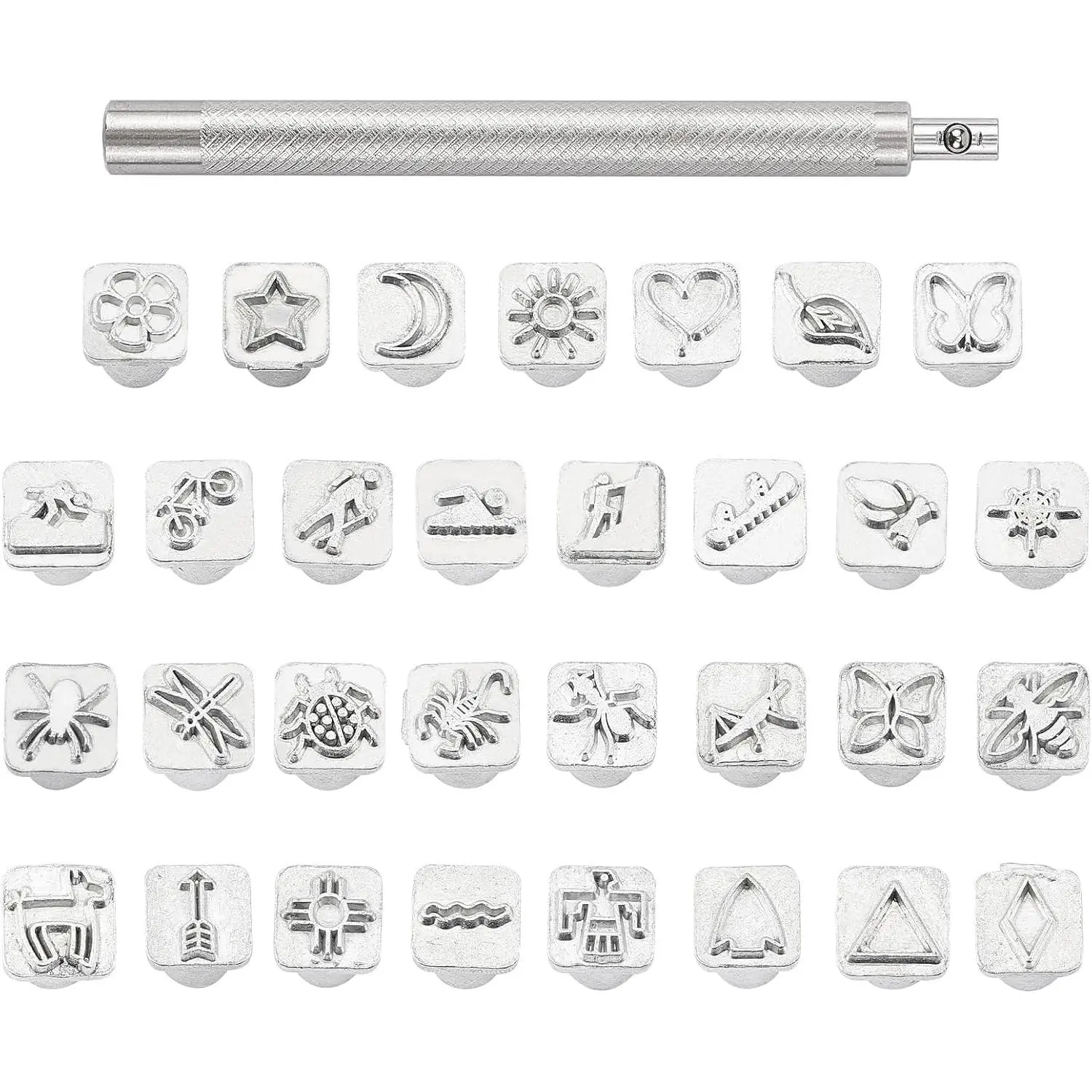 32 Pcs Stainless Steel Metal Insect Theme Leathercraft Stamps Punch Tool Set with 1 Handle for DIY Leather Craft Belt Bag Jewelry Marking