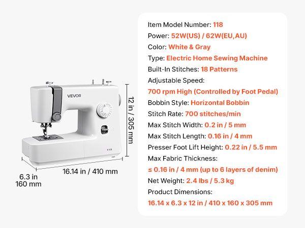 Sewing Machine, 18 Stitch Applications, with LED Light and Foot Pedal, Dial Control, Interior Metal Frame, Lightweight and Portable Beginner Sewing Machine for Adults Crafts and Mending