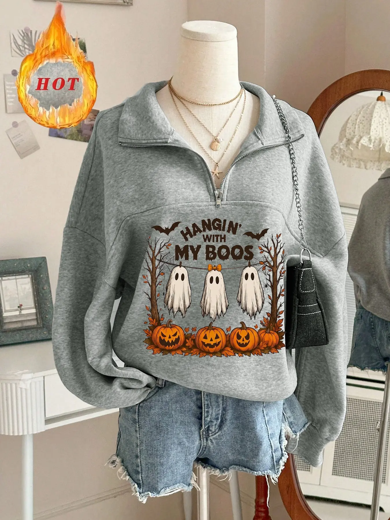 Women's Thickened Fleece V-Neck Zipper Hoodie, Halloween Pumpkin Ghost Print, Casual Long Sleeve, Fall Winter, Unisex, Gift Idea