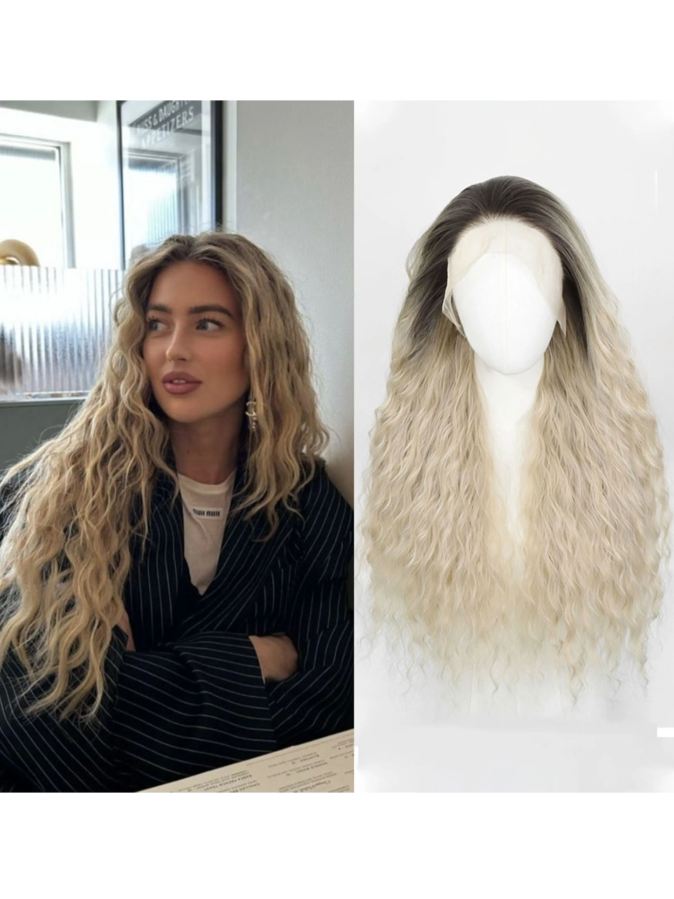 Long Water Wave Synthetic Wig for Women 13×4 Lace Front Heat Resistant Fiber Wig Natural Hairline Wig Rooted Blonde 26inch