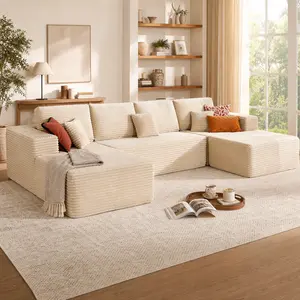 ModMood Compress Sofa Sectional Boneless Corduroy Cloud Sofa 133x70" Extra-Large Retro-Chic Fabric 7 Pillows Modular U-Shaped Movable Ottoman No Assembly Pet Kid Friendly Fluffy Memory Foam Modern Modular sectional  couches family living room