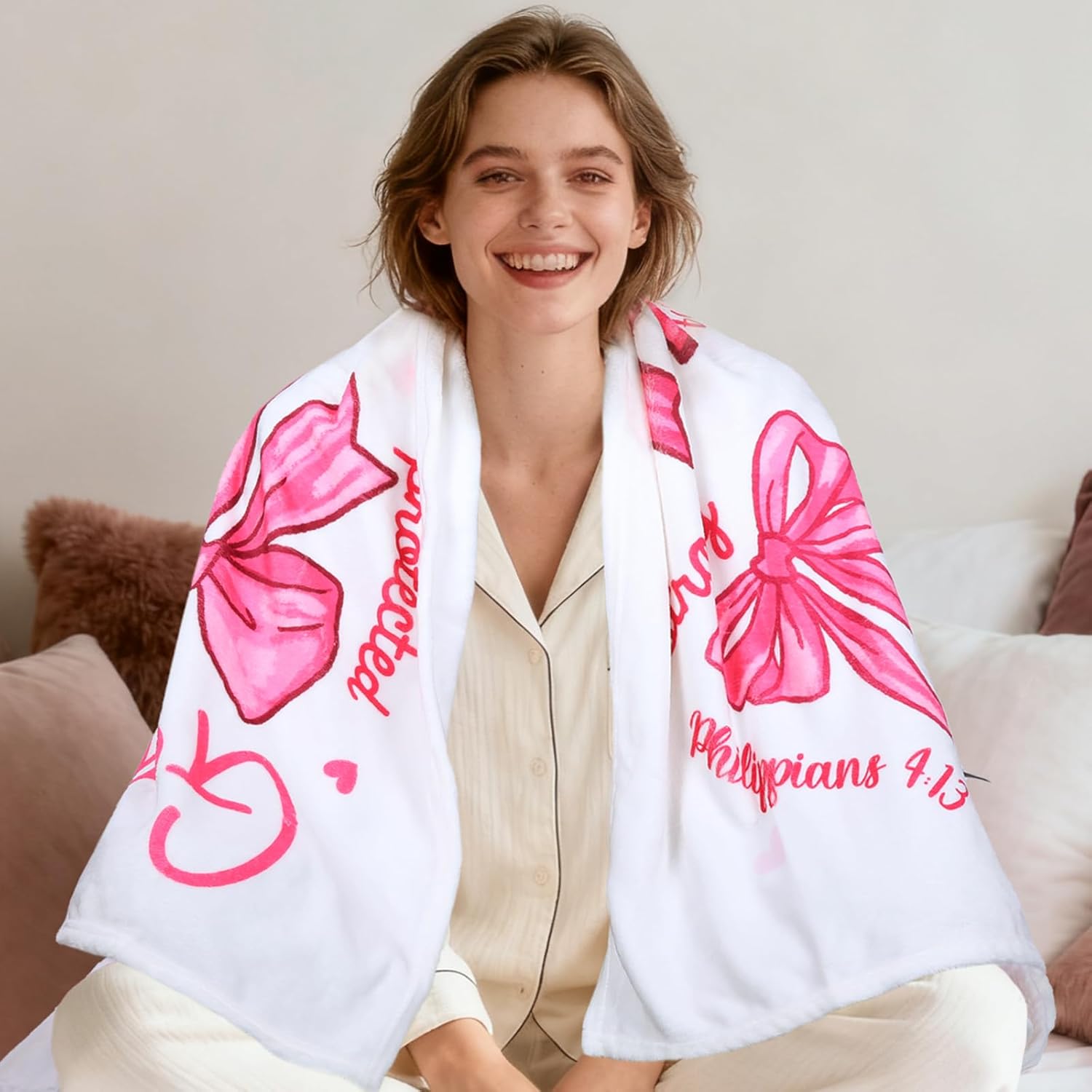 Pink Bow Christian Throw Blanket – "God Says I Am" Bible Verse Flannel Blanket – Coquette Style Inspirational Gift for Women, Girls, Daughter – Jesus Faith Prayer Blanket for Home, Sofa, Bedroom – Religious Decor for Christian Girls