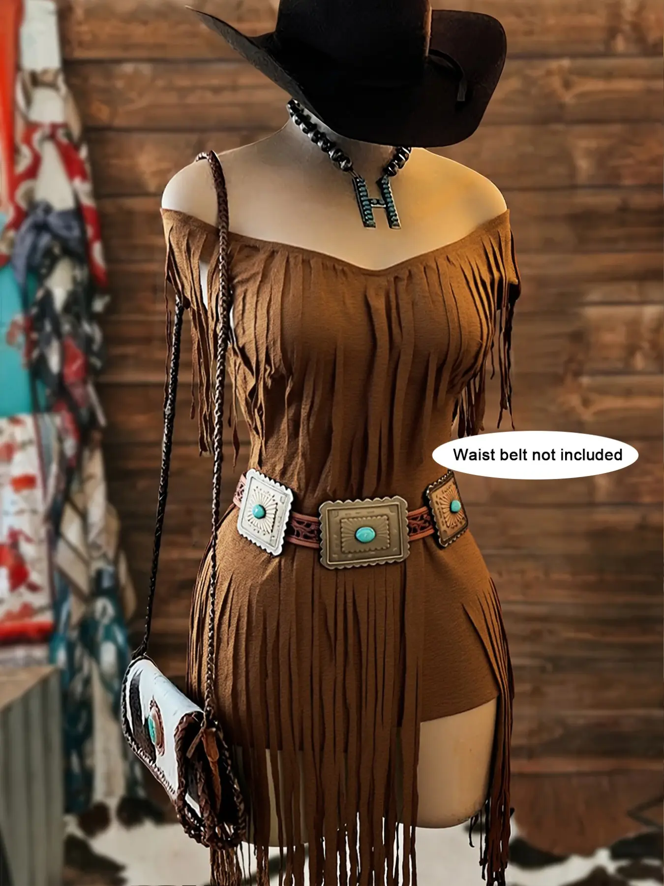 Women's Western Fringe Mini Dress, Off Shoulder Low Deep V Neck Bodycon Party Dress (Belt Not Included) Women's Western Fringe Mini Dress, Off Shoulder Low Deep V Neck Bodycon Party Dress (Belt Not Included)