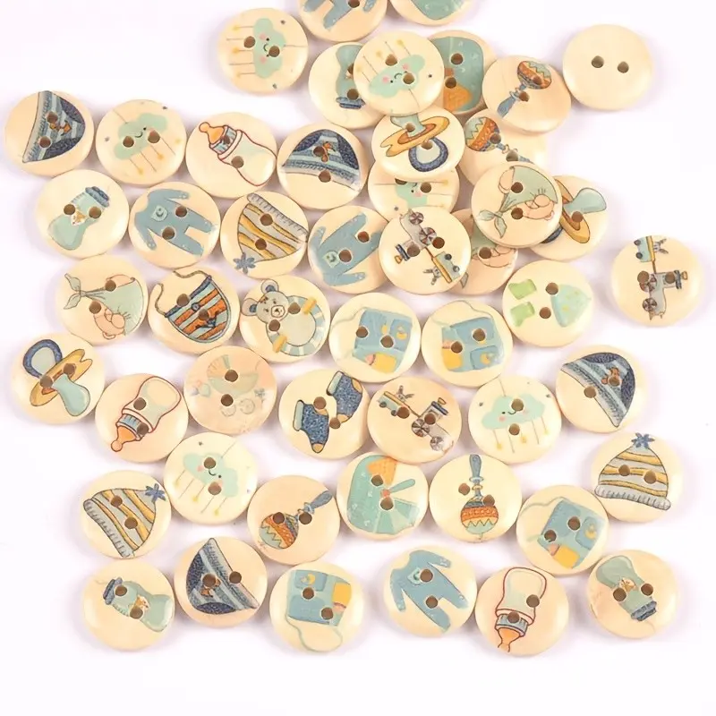 50pcs Mixed Color Blue Wooden Buttons, Sewing Craft Supplies, Bookbinding Accessories, DIY Fashion Crafts, Random Selection