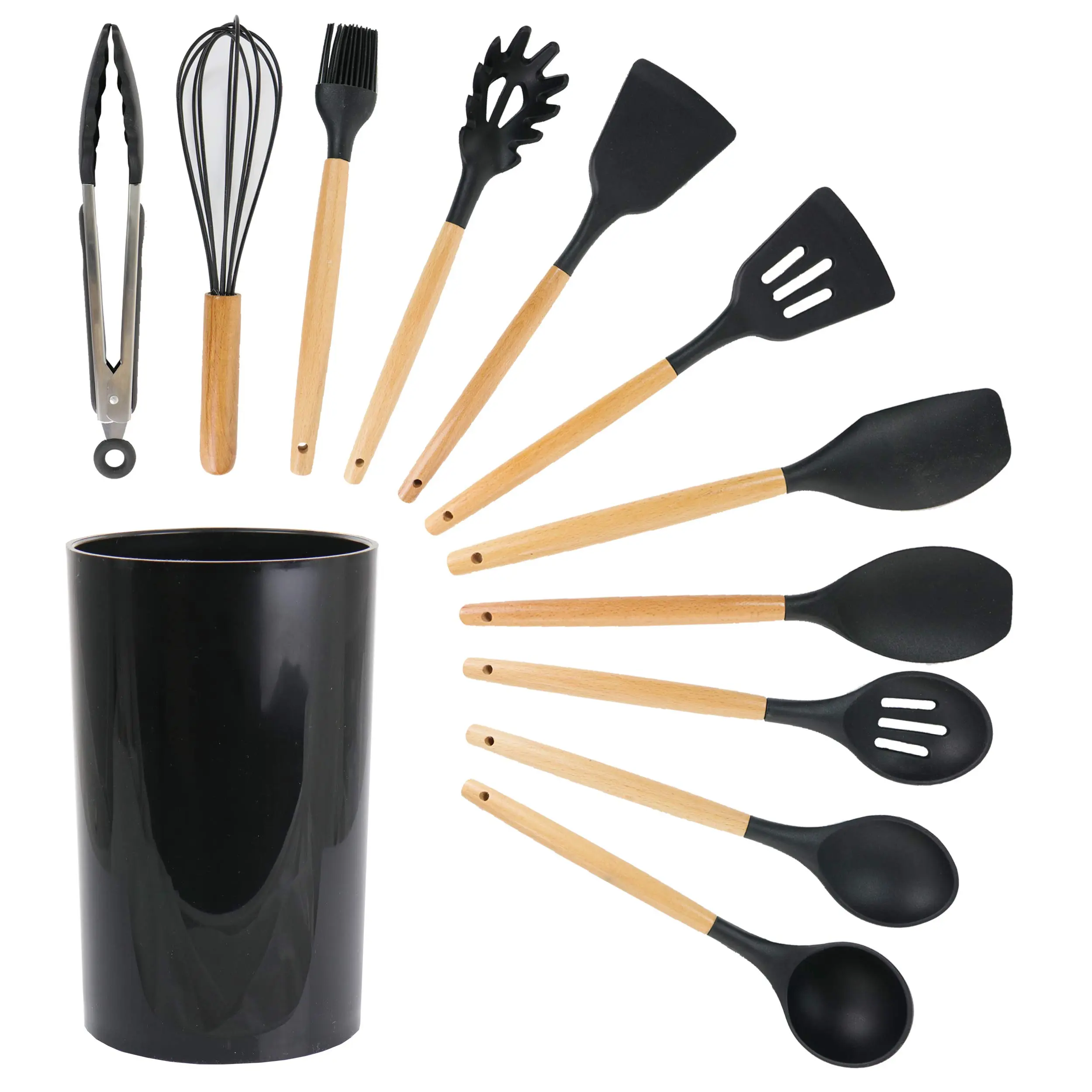 Silicone Cooking Utensils Set 11 Pcs - BPA Free Kitchen Utensils Set with Heat-Resistant Wood Handles - Dishwasher Safe Kitchen Utensil Gadgets Tools Set for Nonstick Cookware