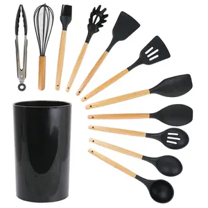 Silicone Cooking Utensils Set 11 Pcs - BPA Free Kitchen Utensils Set with Heat-Resistant Wood Handles - Dishwasher Safe Kitchen Utensil Gadgets Tools Set for Nonstick Cookware