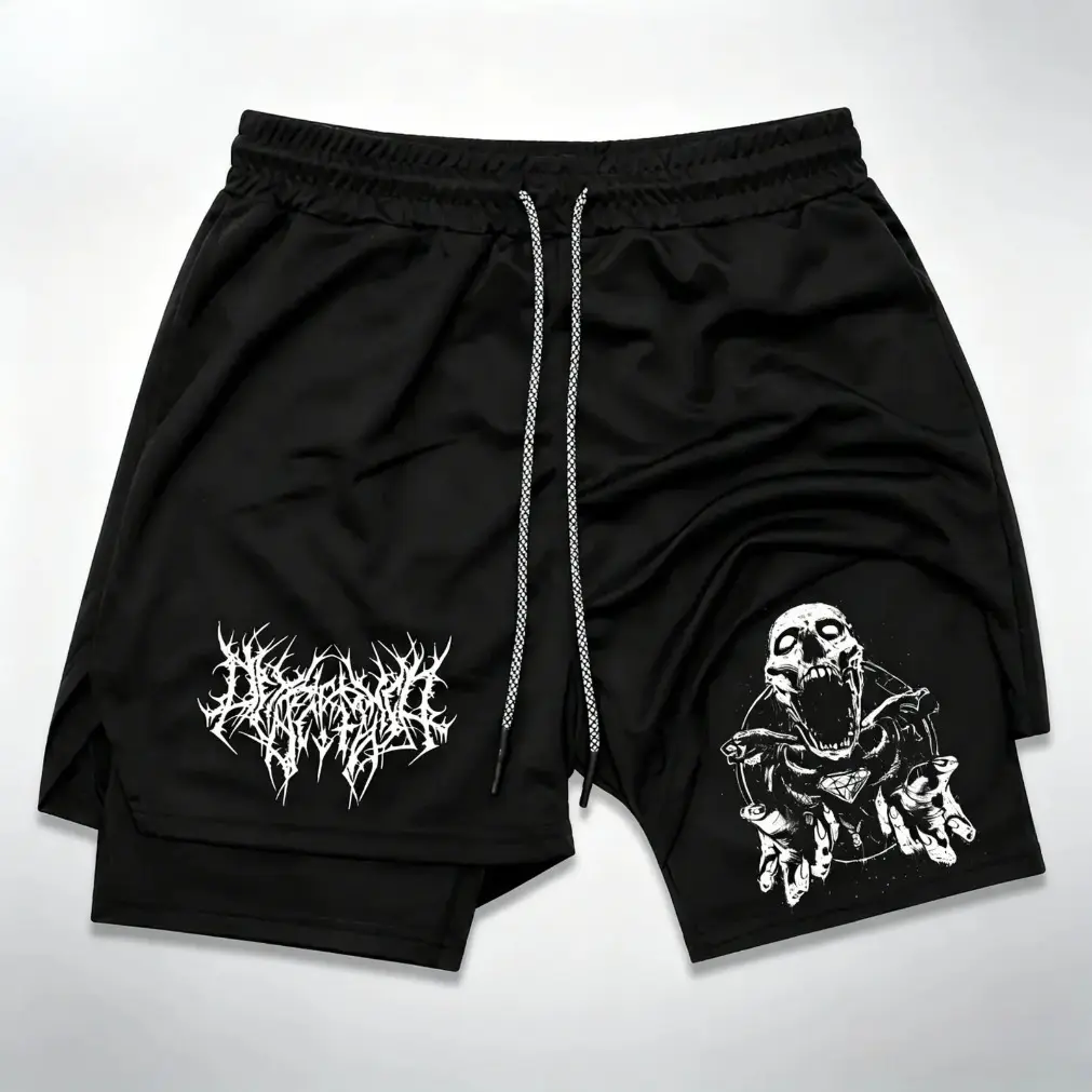 Y2K Skull Graphic 2 in 1 Running Shorts – Unisex Quick Dry Compression Liner Athletic Shorts, Grunge Punk Streetwear Gym Workout Shorts, Heavy Metal Style Summer Activewear for Men & Women