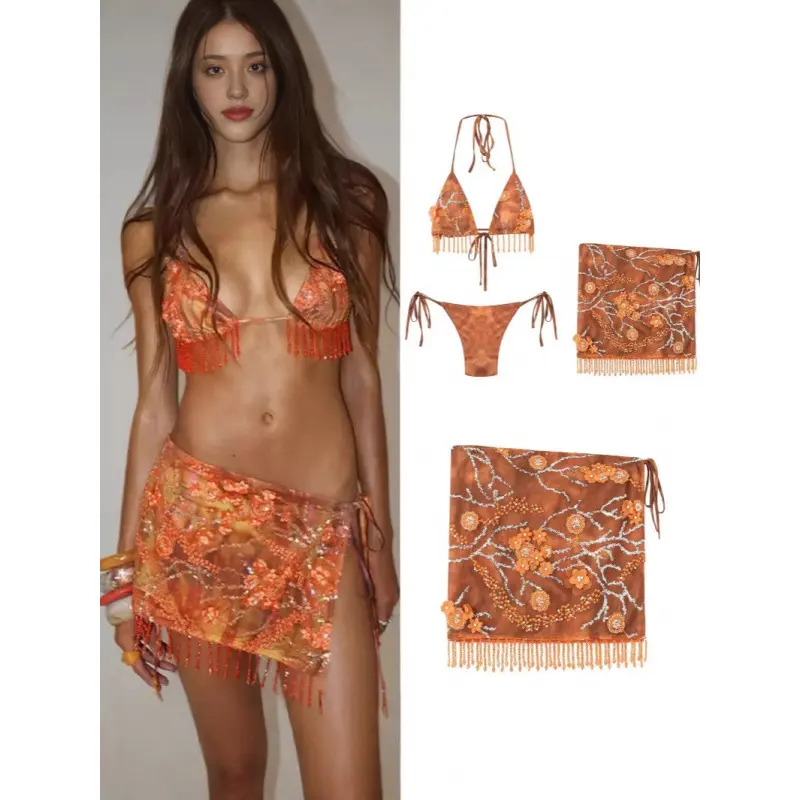 Women’s 3‑Piece Bohemian Floral Bikini Swimwear Set, Halter Triangle Fringe‑Trim Bikini Top & Tie‑Side Bottom, Matching Tassel Sarong Cover‑Up Skirt, Fashion Beach Swimsuit for Holiday Vacation