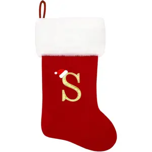 20 Inches Monogram Embroidered Christmas Stockings Red Velvet with White Super Soft Plush Cuff Personalized Decor for Family Holiday Season (Letter S)