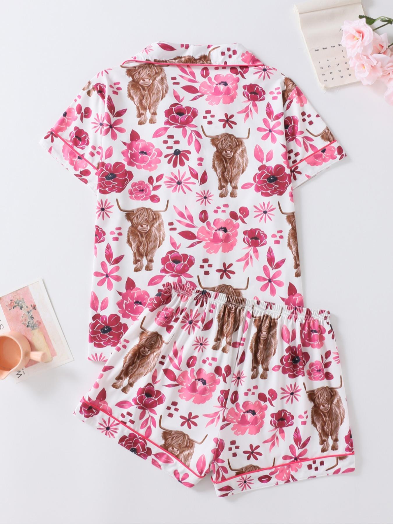 Women's Floral & Cow Print Top & Shorts Pajama Two-piece Set, Casual Comfy Short Sleeve Top & Shorts Pajama Set, Ladies Sleepwear & Loungewear for Summer, Sleep Pajamas Shorts, Womenswear