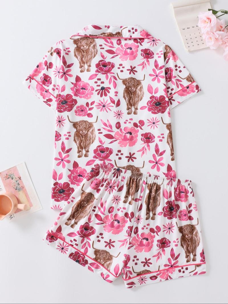 Women's Floral & Cow Print Top & Shorts Pajama Two-piece Set, Casual Comfy Short Sleeve Top & Shorts Pajama Set, Ladies Sleepwear & Loungewear for Summer, Womenswear