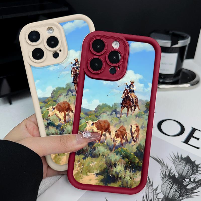 Cowboys driving cattle Pattern Man's Phone Case for iPhone 16 15 14 Pro Max 13 12 11 XR XS Plus Shockproof Non Slip Military-Grade Protection Silicone Cover Cellphone Protective Smartphone Casing