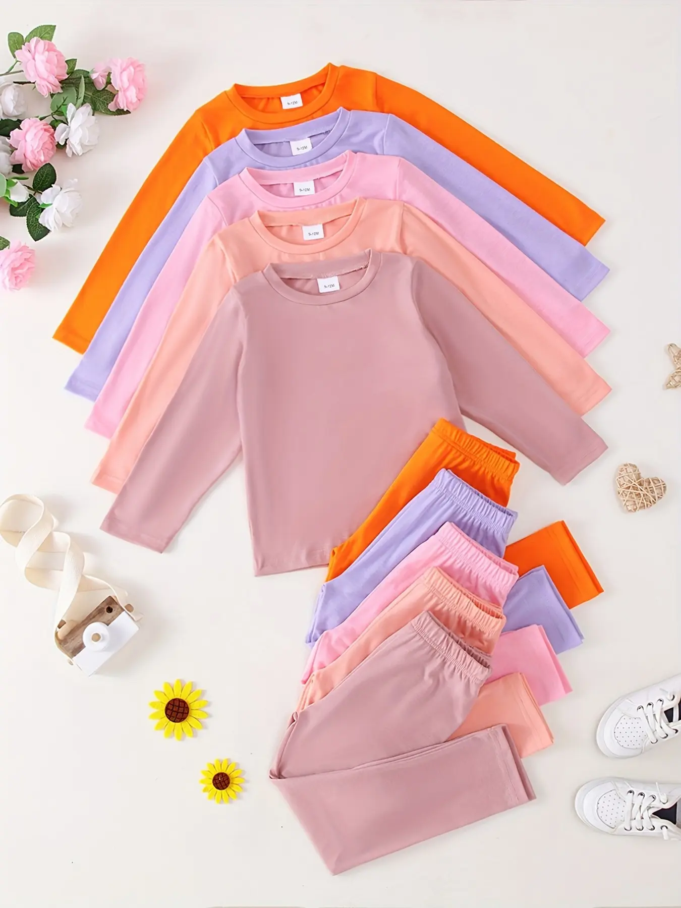Ten-Piece Girls' Solid Color Casual Lightweight Soft Knit Long Sleeve T-Shirt and Pants Set, Comfortable Fall & Winter, Baby Girl Clothes, Clothes Sets