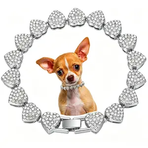 Silver Heart Bling Dog Collar, Diamond Cuban Link Dog Collar, Glitter Rhinestone Puppy Necklace Cat Collar for XXS XS Small Medium Pet Dogs Cats, 8-Inch
