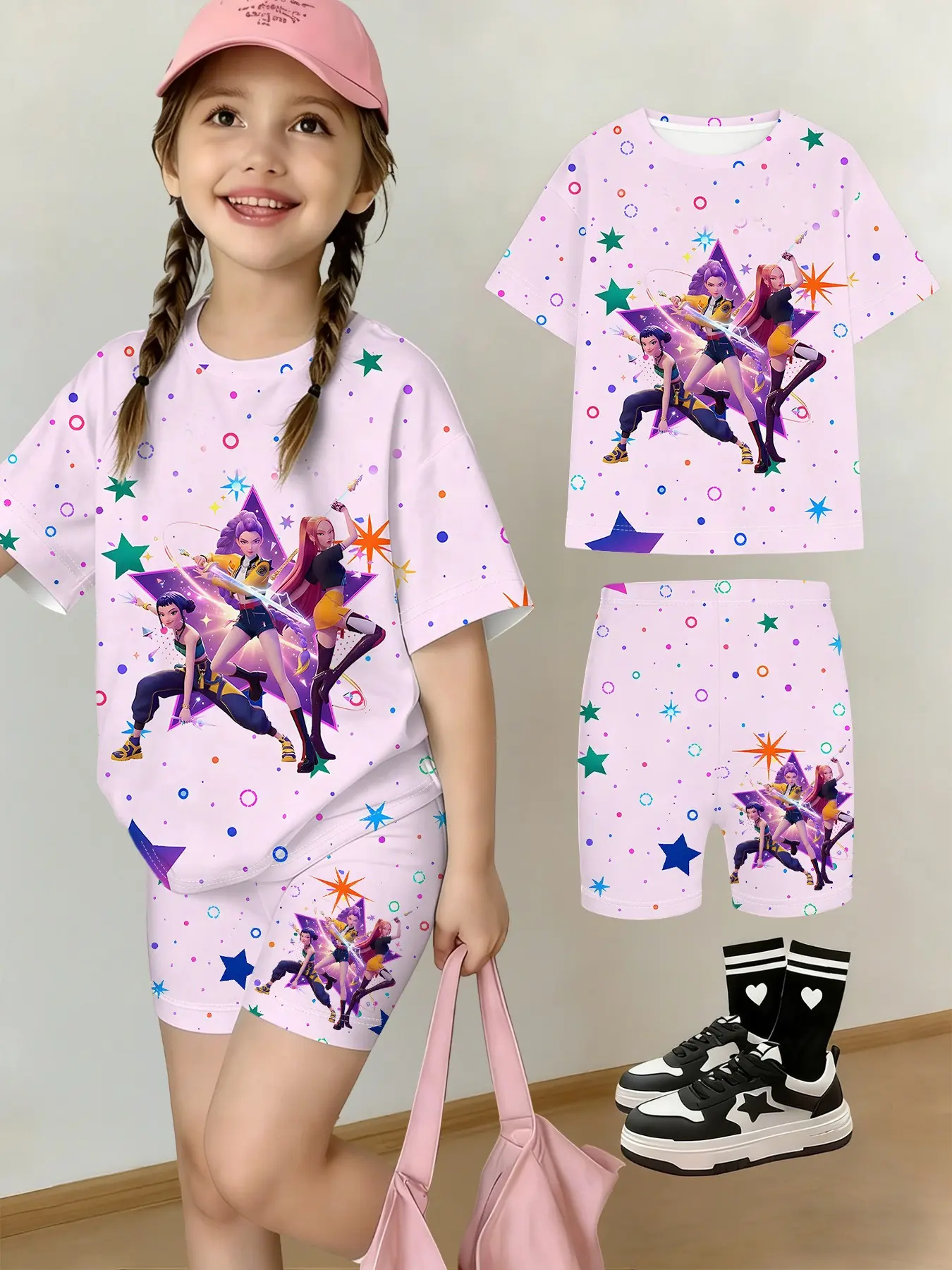 Girls' Summer Group Series T-Shirt Shorts Set, Summer Outfits Set, Colorful Dot Starlight Cartoon Print, Casual Streetwear, Perfect Gift for Kids, Outdoor Wear